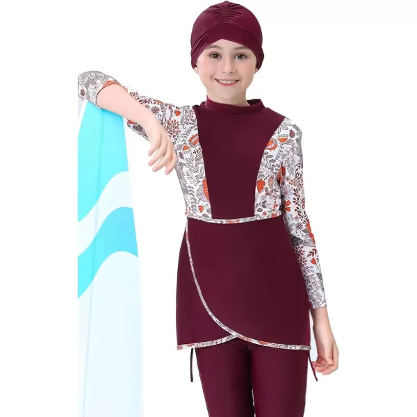 Muslim Swimsuits for Girls Kids Butterfly Islamic Swimwear Burkini Full Cover Hijab Top Pants Swim Costume Bathing SuitWine Red