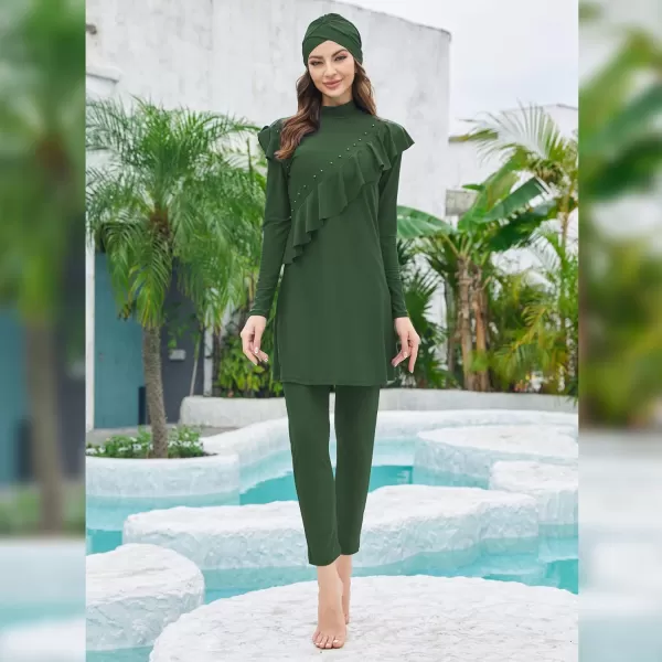 Muslim Swimsuits for Women Islamic Burkini Swimsuits Modest Swimwear Full Cover Hijab Top Pants Costume Bathing SuitArmy Green  Ruffle