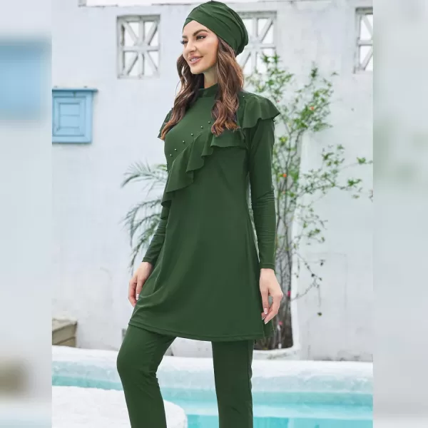 Muslim Swimsuits for Women Islamic Burkini Swimsuits Modest Swimwear Full Cover Hijab Top Pants Costume Bathing SuitArmy Green  Ruffle