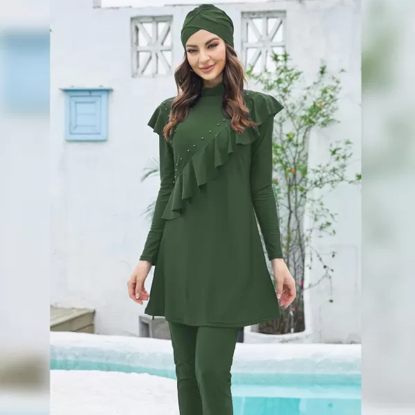 Muslim Swimsuits for Women Islamic Burkini Swimsuits Modest Swimwear Full Cover Hijab Top Pants Costume Bathing SuitArmy Green  Ruffle