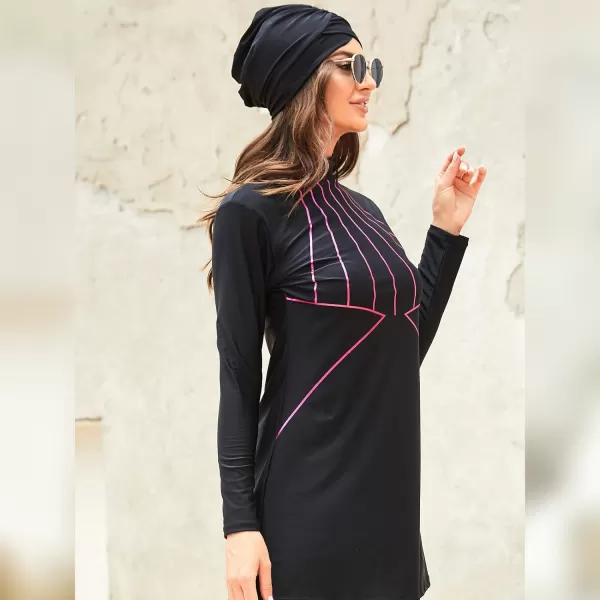 Muslim Swimsuits for Women Islamic Burkini Swimsuits Modest Swimwear Full Cover Hijab Top Pants Costume Bathing SuitBlack  Hot Pink