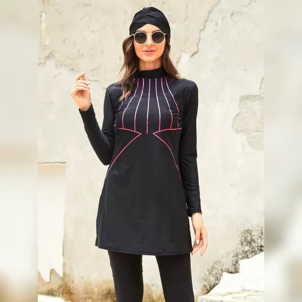 Muslim Swimsuits for Women Islamic Burkini Swimsuits Modest Swimwear Full Cover Hijab Top Pants Costume Bathing SuitBlack  Hot Pink