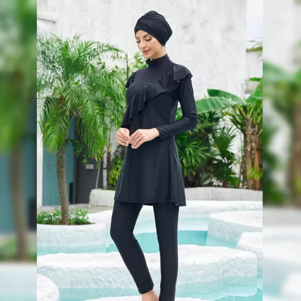 Muslim Swimsuits for Women Islamic Burkini Swimsuits Modest Swimwear Full Cover Hijab Top Pants Costume Bathing SuitBlack  Ruffle