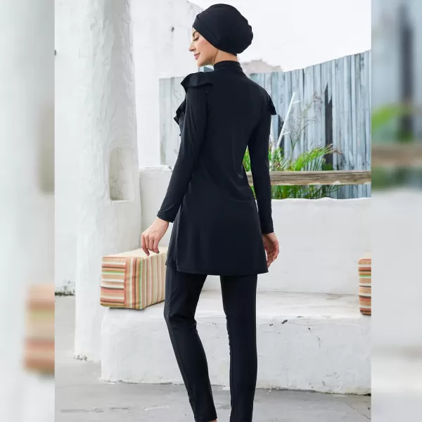 Muslim Swimsuits for Women Islamic Burkini Swimsuits Modest Swimwear Full Cover Hijab Top Pants Costume Bathing SuitBlack  Ruffle