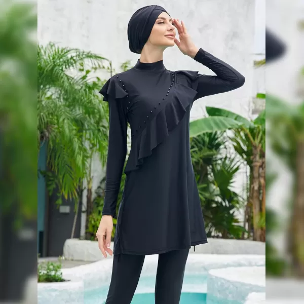 Muslim Swimsuits for Women Islamic Burkini Swimsuits Modest Swimwear Full Cover Hijab Top Pants Costume Bathing SuitBlack  Ruffle