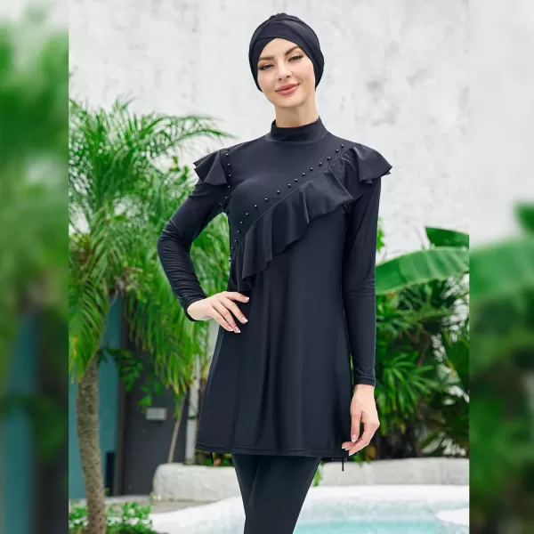 Muslim Swimsuits for Women Islamic Burkini Swimsuits Modest Swimwear Full Cover Hijab Top Pants Costume Bathing SuitBlack  Ruffle