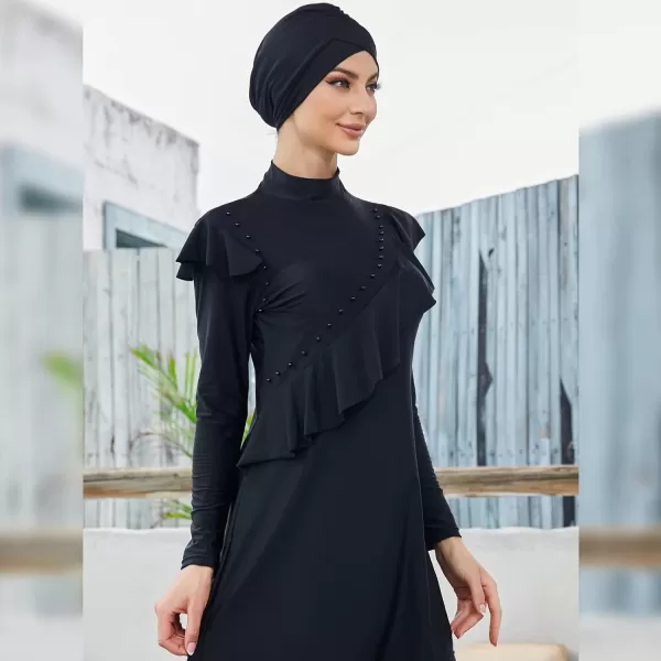 Muslim Swimsuits for Women Islamic Burkini Swimsuits Modest Swimwear Full Cover Hijab Top Pants Costume Bathing SuitBlack  Ruffle