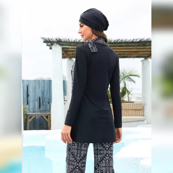 Muslim Swimsuits for Women Islamic Burkini Swimsuits Modest Swimwear Full Cover Hijab Top Pants Costume Bathing SuitBlack Floral