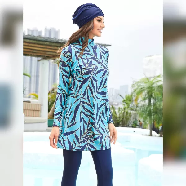 Muslim Swimsuits for Women Islamic Burkini Swimsuits Modest Swimwear Full Cover Hijab Top Pants Costume Bathing SuitBlue  Gold Leaves