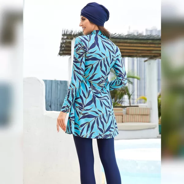 Muslim Swimsuits for Women Islamic Burkini Swimsuits Modest Swimwear Full Cover Hijab Top Pants Costume Bathing SuitBlue  Gold Leaves