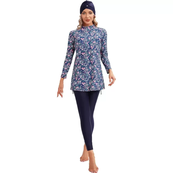 Muslim Swimsuits for Women Islamic Burkini Swimsuits Modest Swimwear Full Cover Hijab Top Pants Costume Bathing SuitBlue  Pink Floral