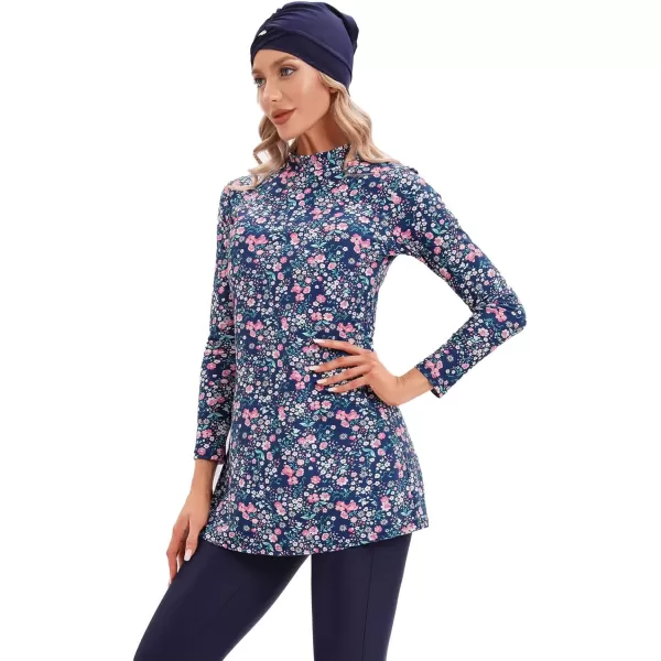 Muslim Swimsuits for Women Islamic Burkini Swimsuits Modest Swimwear Full Cover Hijab Top Pants Costume Bathing SuitBlue  Pink Floral