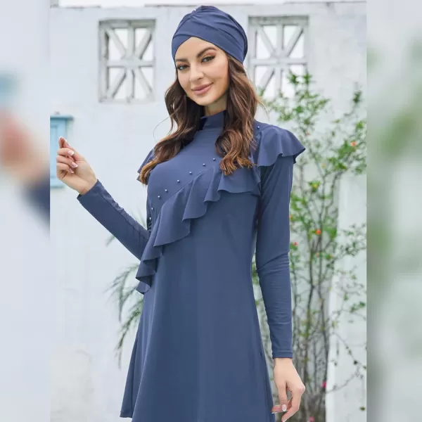 Muslim Swimsuits for Women Islamic Burkini Swimsuits Modest Swimwear Full Cover Hijab Top Pants Costume Bathing SuitBlue  Ruffle
