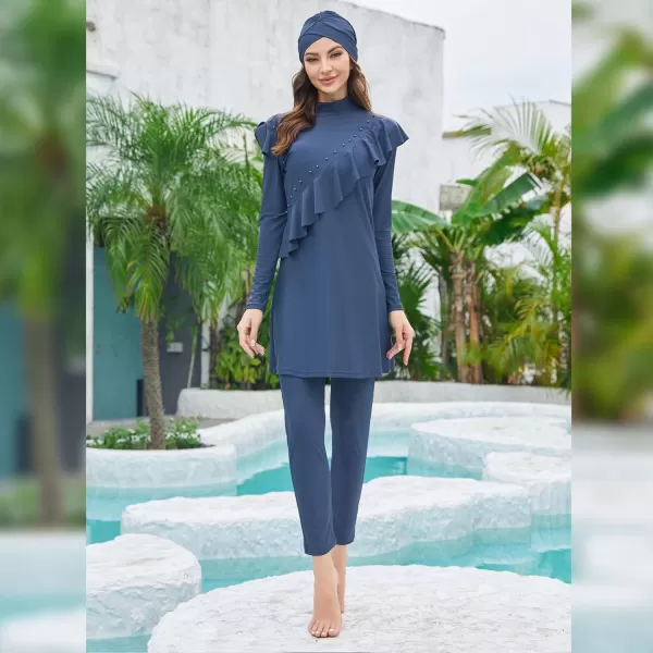 Muslim Swimsuits for Women Islamic Burkini Swimsuits Modest Swimwear Full Cover Hijab Top Pants Costume Bathing SuitBlue  Ruffle