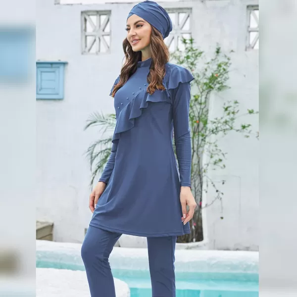 Muslim Swimsuits for Women Islamic Burkini Swimsuits Modest Swimwear Full Cover Hijab Top Pants Costume Bathing SuitBlue  Ruffle