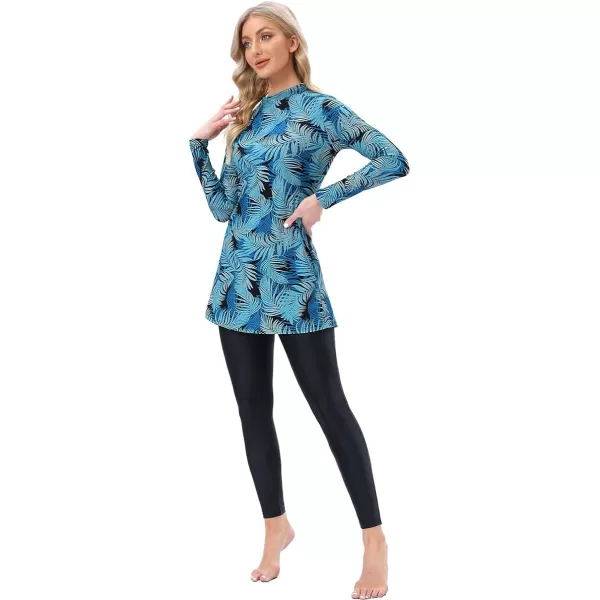 Muslim Swimsuits for Women Islamic Burkini Swimsuits Modest Swimwear Full Cover Hijab Top Pants Costume Bathing SuitBlue Leaves