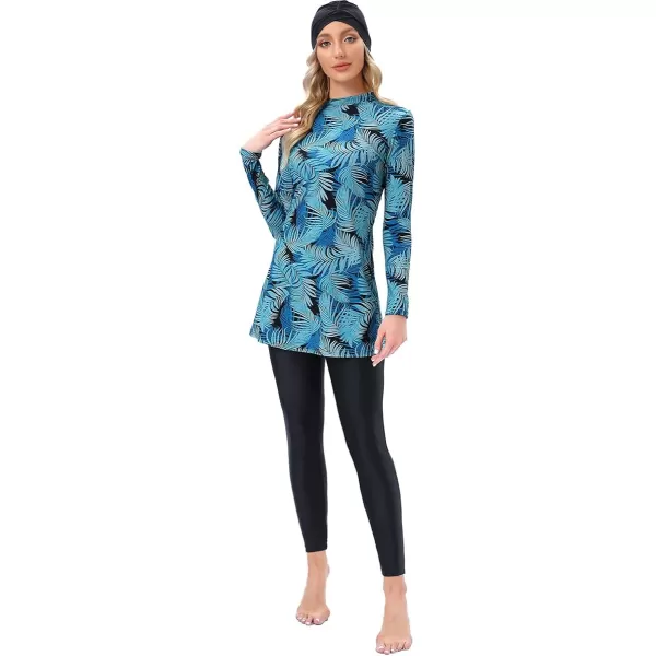 Muslim Swimsuits for Women Islamic Burkini Swimsuits Modest Swimwear Full Cover Hijab Top Pants Costume Bathing SuitBlue Leaves