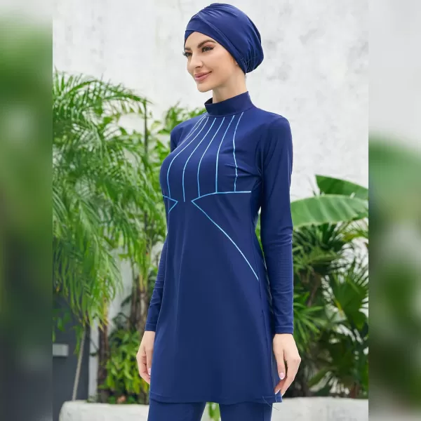 Muslim Swimsuits for Women Islamic Burkini Swimsuits Modest Swimwear Full Cover Hijab Top Pants Costume Bathing SuitDark Blue