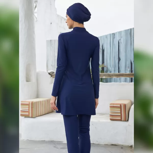 Muslim Swimsuits for Women Islamic Burkini Swimsuits Modest Swimwear Full Cover Hijab Top Pants Costume Bathing SuitDark Blue