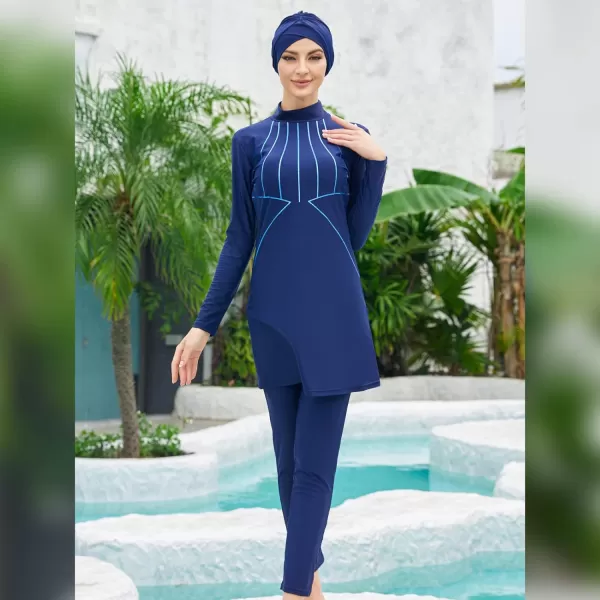 Muslim Swimsuits for Women Islamic Burkini Swimsuits Modest Swimwear Full Cover Hijab Top Pants Costume Bathing SuitDark Blue