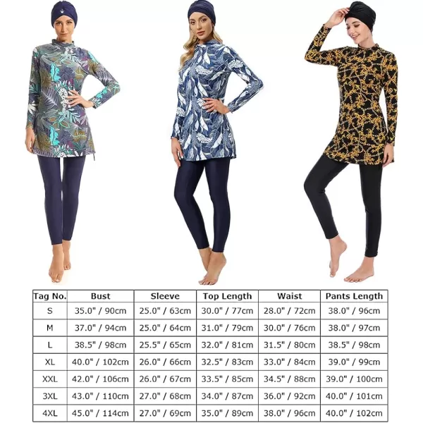 Muslim Swimsuits for Women Islamic Burkini Swimsuits Modest Swimwear Full Cover Hijab Top Pants Costume Bathing SuitDark Blue Leaves