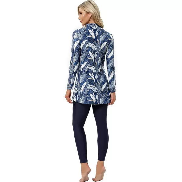 Muslim Swimsuits for Women Islamic Burkini Swimsuits Modest Swimwear Full Cover Hijab Top Pants Costume Bathing SuitDark Blue Leaves