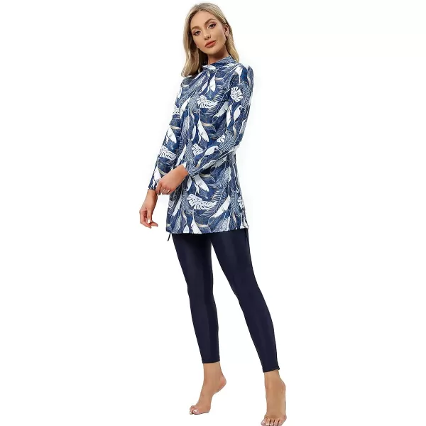 Muslim Swimsuits for Women Islamic Burkini Swimsuits Modest Swimwear Full Cover Hijab Top Pants Costume Bathing SuitDark Blue Leaves