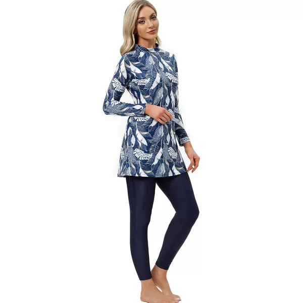 Muslim Swimsuits for Women Islamic Burkini Swimsuits Modest Swimwear Full Cover Hijab Top Pants Costume Bathing SuitDark Blue Leaves