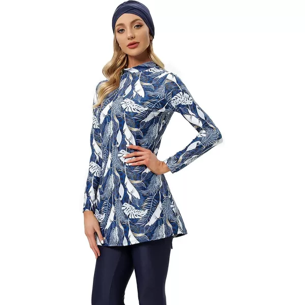 Muslim Swimsuits for Women Islamic Burkini Swimsuits Modest Swimwear Full Cover Hijab Top Pants Costume Bathing SuitDark Blue Leaves