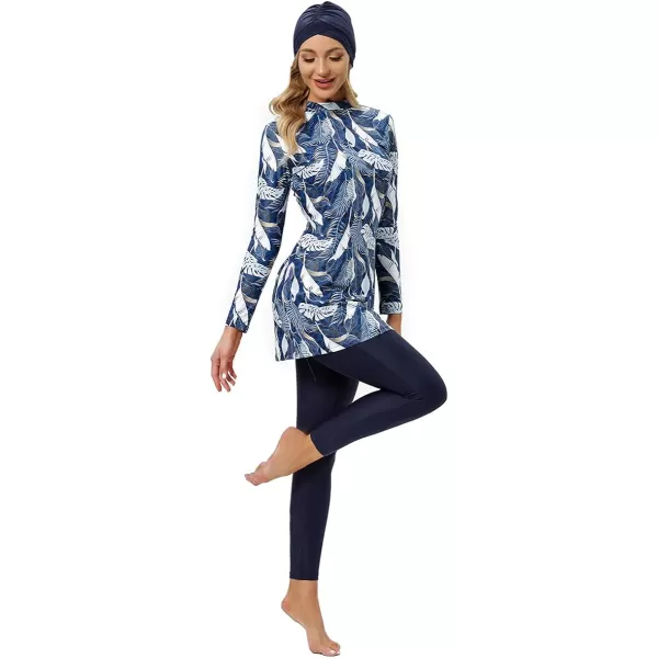 Muslim Swimsuits for Women Islamic Burkini Swimsuits Modest Swimwear Full Cover Hijab Top Pants Costume Bathing SuitDark Blue Leaves