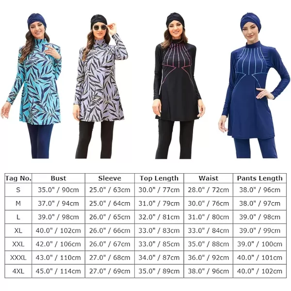 Muslim Swimsuits for Women Islamic Burkini Swimsuits Modest Swimwear Full Cover Hijab Top Pants Costume Bathing SuitGray  Gold Leaves