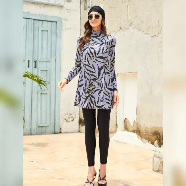 Muslim Swimsuits for Women Islamic Burkini Swimsuits Modest Swimwear Full Cover Hijab Top Pants Costume Bathing SuitGray  Gold Leaves