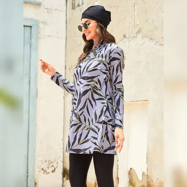 Muslim Swimsuits for Women Islamic Burkini Swimsuits Modest Swimwear Full Cover Hijab Top Pants Costume Bathing SuitGray  Gold Leaves