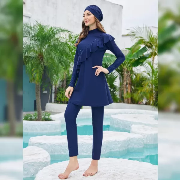 Muslim Swimsuits for Women Islamic Burkini Swimsuits Modest Swimwear Full Cover Hijab Top Pants Costume Bathing SuitNavy Blue  Ruffle