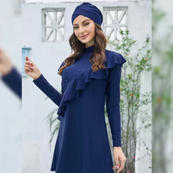 Muslim Swimsuits for Women Islamic Burkini Swimsuits Modest Swimwear Full Cover Hijab Top Pants Costume Bathing SuitNavy Blue  Ruffle
