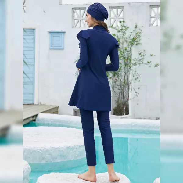 Muslim Swimsuits for Women Islamic Burkini Swimsuits Modest Swimwear Full Cover Hijab Top Pants Costume Bathing SuitNavy Blue  Ruffle