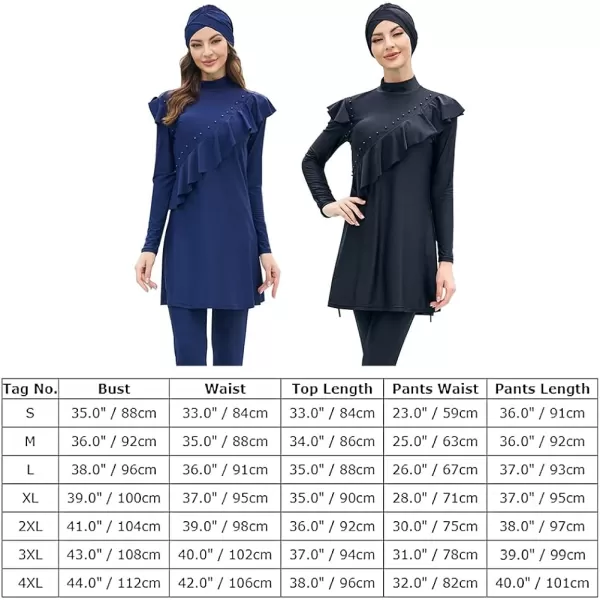 Muslim Swimsuits for Women Islamic Burkini Swimsuits Modest Swimwear Full Cover Hijab Top Pants Costume Bathing SuitNavy Blue  Ruffle