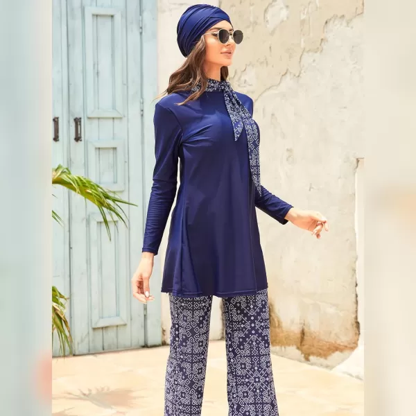 Muslim Swimsuits for Women Islamic Burkini Swimsuits Modest Swimwear Full Cover Hijab Top Pants Costume Bathing SuitNavy Blue Floral