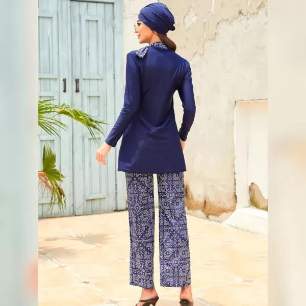 Muslim Swimsuits for Women Islamic Burkini Swimsuits Modest Swimwear Full Cover Hijab Top Pants Costume Bathing SuitNavy Blue Floral