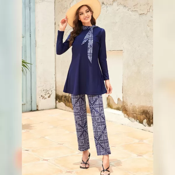Muslim Swimsuits for Women Islamic Burkini Swimsuits Modest Swimwear Full Cover Hijab Top Pants Costume Bathing SuitNavy Blue Floral