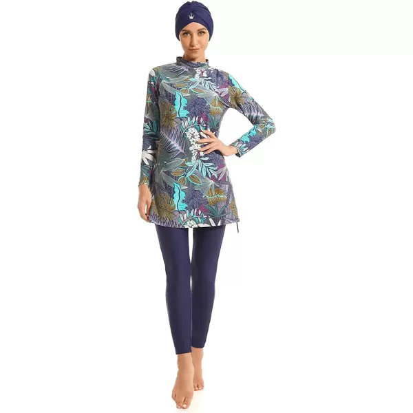 Muslim Swimsuits for Women Islamic Burkini Swimsuits Modest Swimwear Full Cover Hijab Top Pants Costume Bathing SuitNavy Blue Leaves