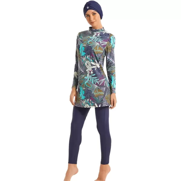 Muslim Swimsuits for Women Islamic Burkini Swimsuits Modest Swimwear Full Cover Hijab Top Pants Costume Bathing SuitNavy Blue Leaves