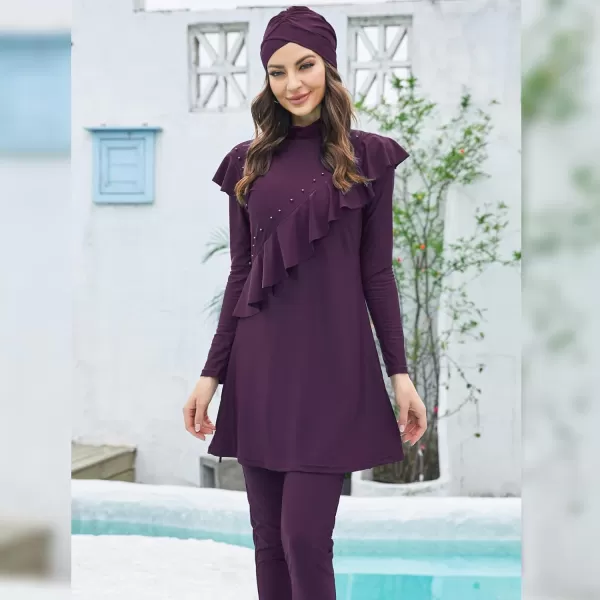 Muslim Swimsuits for Women Islamic Burkini Swimsuits Modest Swimwear Full Cover Hijab Top Pants Costume Bathing SuitPurple  Ruffle