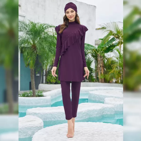 Muslim Swimsuits for Women Islamic Burkini Swimsuits Modest Swimwear Full Cover Hijab Top Pants Costume Bathing SuitPurple  Ruffle