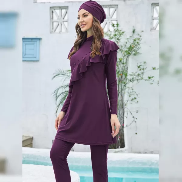 Muslim Swimsuits for Women Islamic Burkini Swimsuits Modest Swimwear Full Cover Hijab Top Pants Costume Bathing SuitPurple  Ruffle