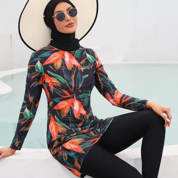 Muslim Swimsuits for Women Islamic Burkini Swimsuits Modest Swimwear Full Cover Hijab Top Pants Costume Bathing SuitRed  Green Flower