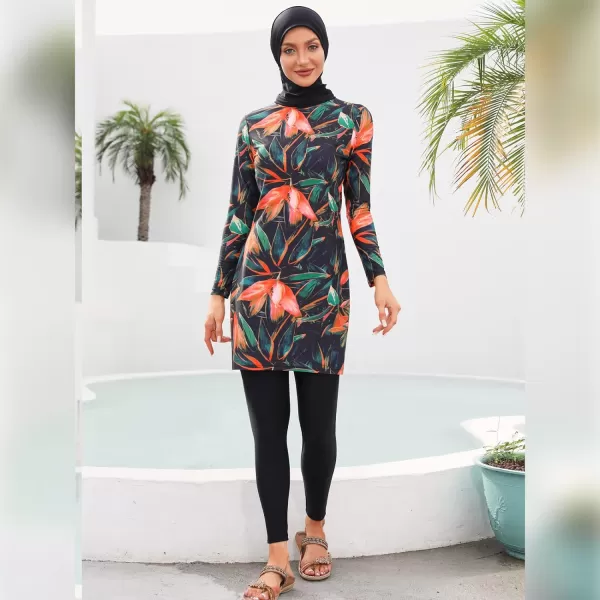 Muslim Swimsuits for Women Islamic Burkini Swimsuits Modest Swimwear Full Cover Hijab Top Pants Costume Bathing SuitRed  Green Flower