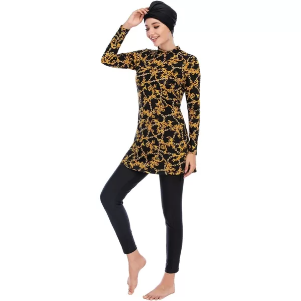 Muslim Swimsuits for Women Islamic Burkini Swimsuits Modest Swimwear Full Cover Hijab Top Pants Costume Bathing SuitYellow Floral