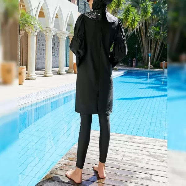 Muslim Swimsuits for Women Modest Islamic Arabic Swimwear Burkini Full Cover Hijab Top Pants Swimming Cap Bathing SuitsBlack  Bell Sleeve