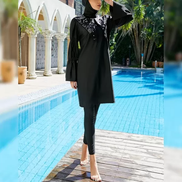 Muslim Swimsuits for Women Modest Islamic Arabic Swimwear Burkini Full Cover Hijab Top Pants Swimming Cap Bathing SuitsBlack  Bell Sleeve